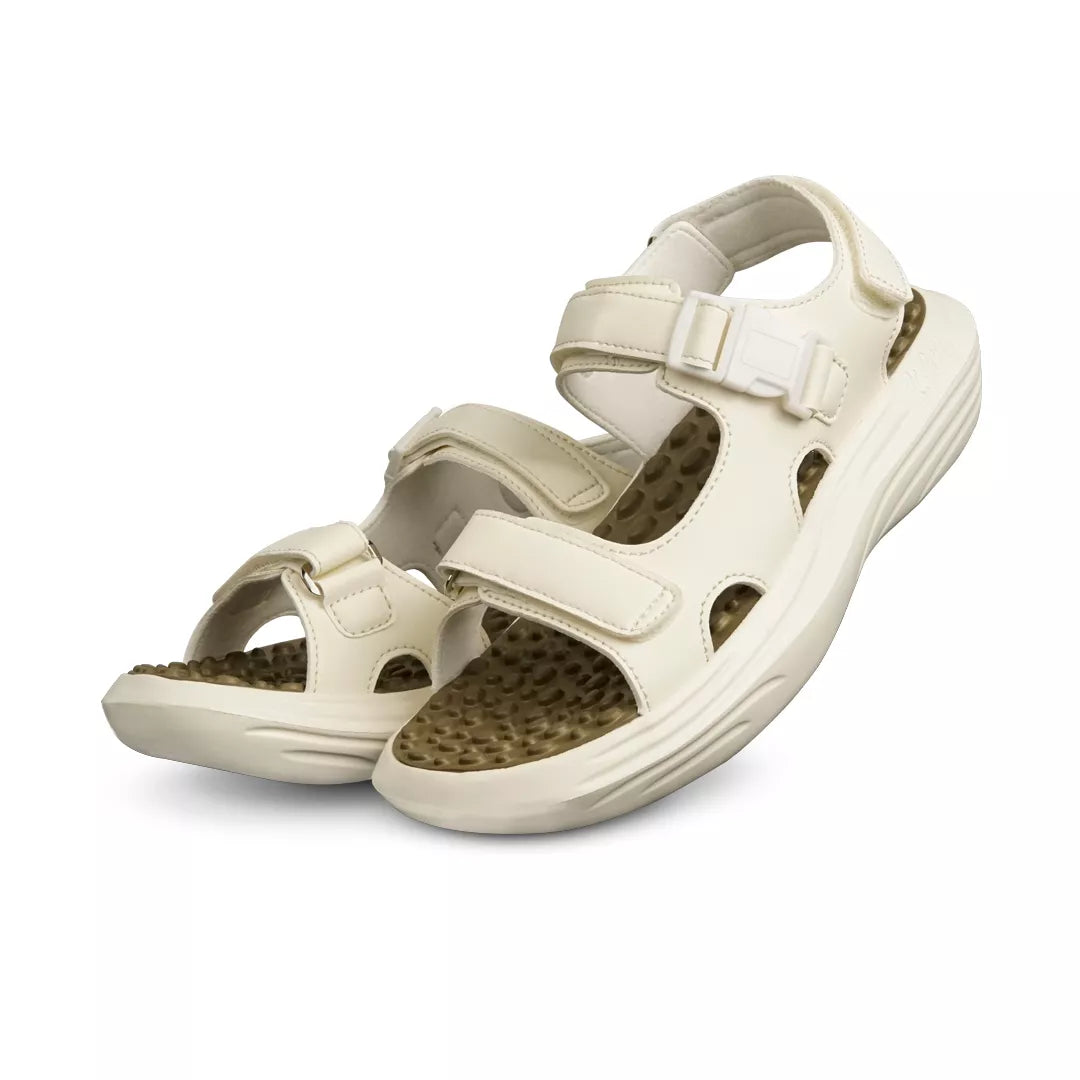 Beige sandal with multiple straps on a white background