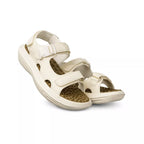 Beige sandal with multiple straps on a white background