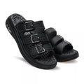 Black sandals with multiple straps on a white background